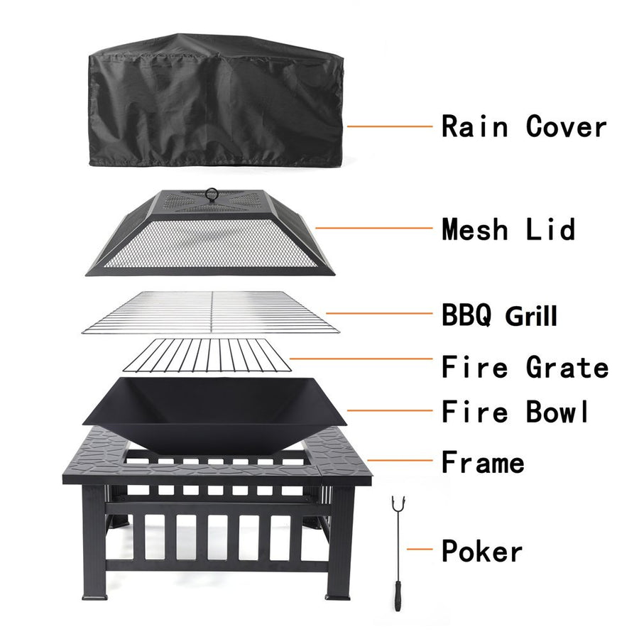 Outdoor Bonfire Pit with Grill Net, 32" Outdoor Square Metal Fire Pit with Cover, Wood Burning BBQ Grill Fire Pit Bowl, Backyard Patio Garden Fire Pit for Camping, Heating, Bonfire, Picnic, LL588