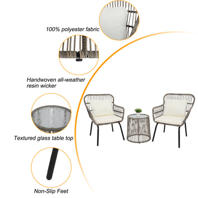 3 PCS Bistro Set, Outdoor Patio Porch Furniture Sectional Chairs with Glass Tabletop Tea Table, PE Rattan Patio Furniture Conversation Set for Lawn Pool Courtyard Garden Balcony