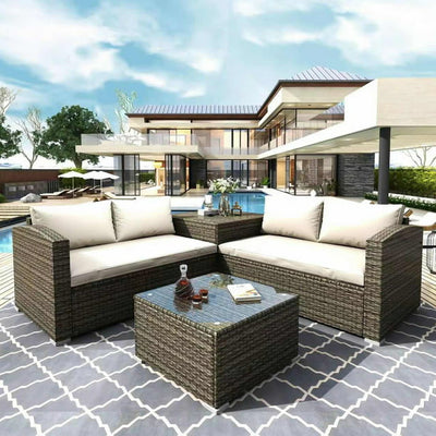 Outdoor Patio Furniture Set, Rattan Chairs & Seating Sets for Backyard, 4-Piece Wicker Conversation Set w/L-Seats Sofa, R-Seats Sofa, Cushion box, Tempered Glass Dining Table, Padded Cushions, S13116