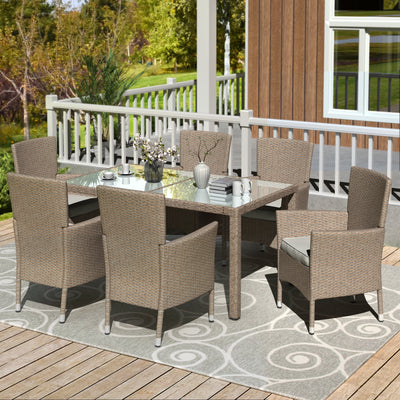 Patio Dining Set Clearance, 7 Piece Patio Furniture Sets with 6 PE Wicker Chairs, Glass Dining Table, All-Weather Outdoor Patio Dining Conversation Set with Cushions for Backyard, Lawn, Garden, Pool, L