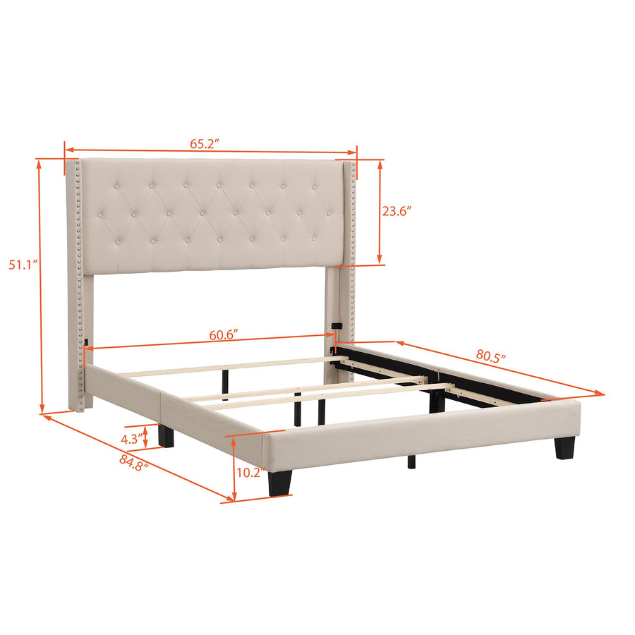 Upholstered Platform Queen Bed Frame, Beige Button Tufted Platform Queen Bed Frame with Headboard, Linen Fabric Bed Frame with Wood Slat Support, Box Spring Needed, Easy Assembly, 500lbs, Beige, SS31