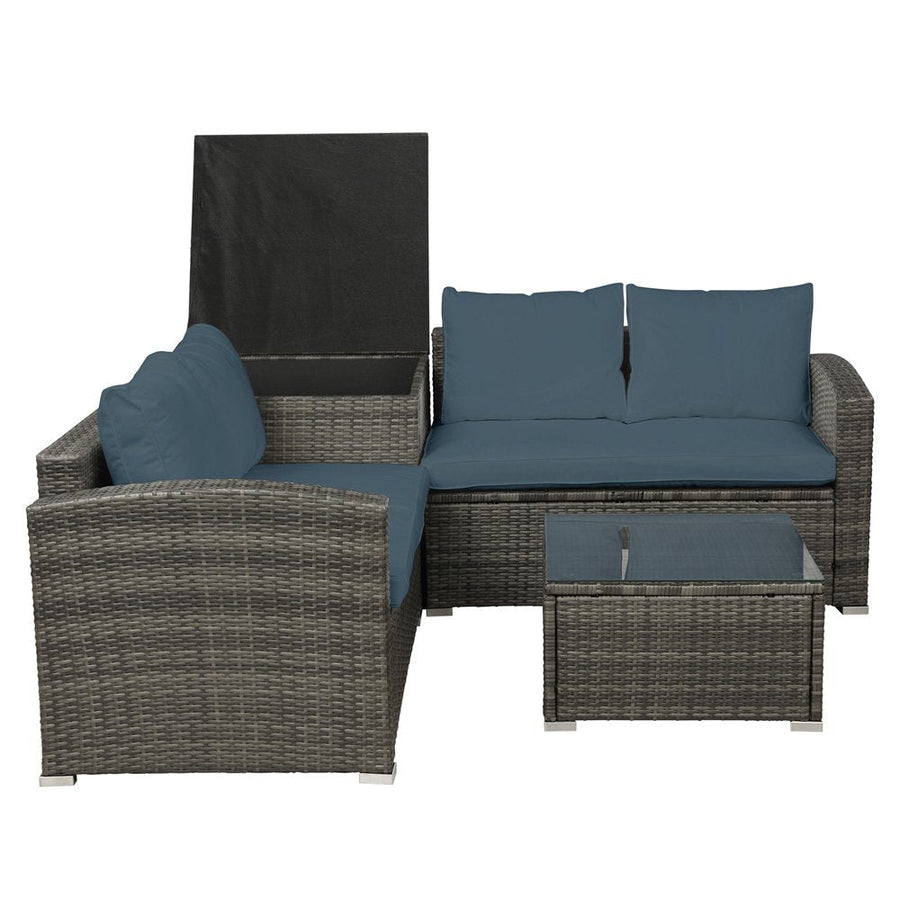 4 Piece Outdoor Patio Furniture Set, 2 Rattan Patio Chairs with Glass Table and Storage Cabinet, All-Weather Rectangle Patio Sofa Wicker Set with Cushions for Backyard, Porch, Garden, Pool, L