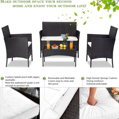 Wicker Patio Sets, 4 Piece Outdoor Conversation Set With Glass Dining Table, Loveseat & 2 Cushioned Chairs, Black Patio Furniture Sets with Coffee Table for Yard, Porch, Garden, Poolside, LL883