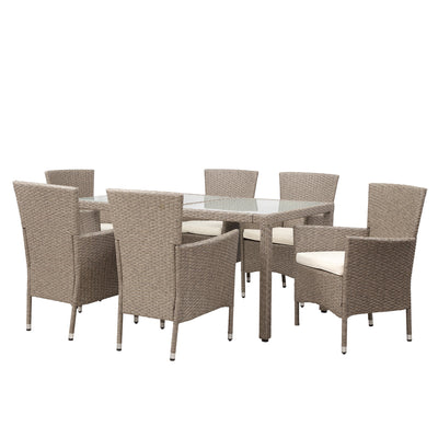 Patio Dining Set Clearance, 7 Piece Patio Furniture Sets with 6 PE Wicker Chairs, Glass Dining Table, All-Weather Outdoor Patio Dining Conversation Set with Cushions for Backyard, Lawn, Garden, Pool, L