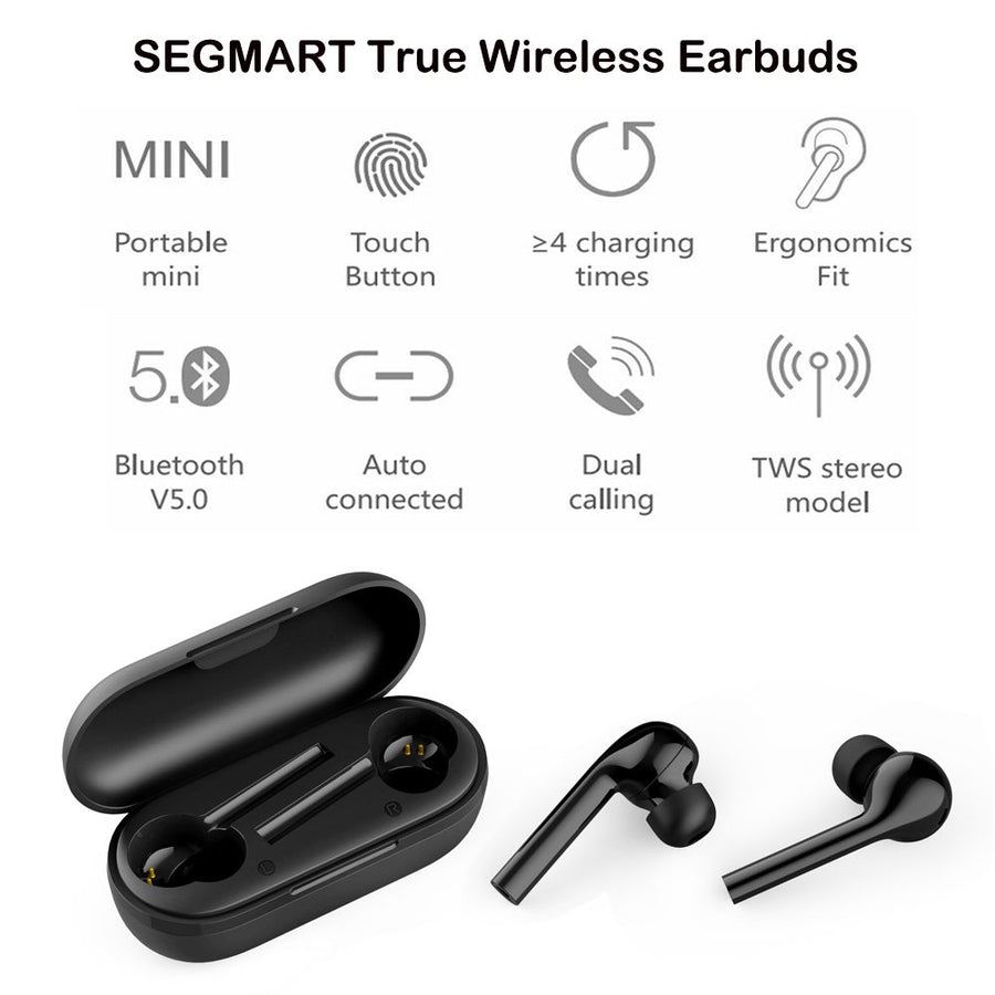 Segmart True Wireless Headphones with Charging Case, Black, L3868
