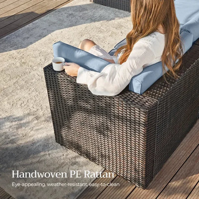 7 Piece Patio Furniture Set, 6 Rattan Wicker Chairs with Glass Dining Table, All-Weather Outdoor Conversation Set with Cushions for Backyard, Porch, Garden, Poolside, L4496