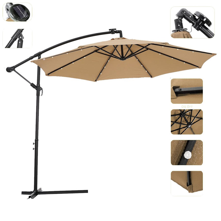Patio Umbrella with Led Lights, 10FT Solar LED Offset Outdoor Umbrella, Hanging Cantilever Market Patio Umbrella with Crank, Cross Base, Backyard Offset Umbrella for Garden Pool Deck, L6088