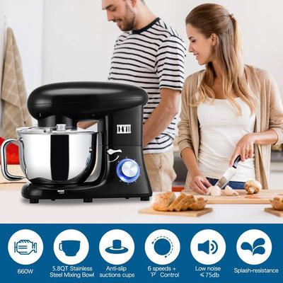 Kitchen Stand Mixer, Black 5.8QT Tilt-Head Electric Stand Mixer with Handle, 660W 6-Speed Food Dough Mixer with Stainless Steel Bowl/Dough Hook/Beater/Whisk/Spatula for Baking, Cake, Cookie, HJ158