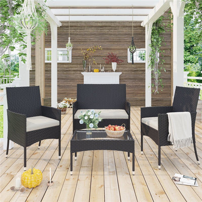Wicker Patio Sets, 4 Piece Outdoor Conversation Set with Glass Dining Table, Loveseat & 2 Cushioned Chairs, Modern Patio Furniture Sets with Coffee Table for Yard, Porch, Garden, Poolside, L