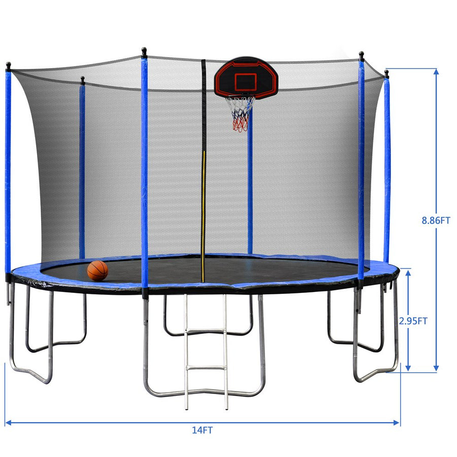 Trampoline with Enclosure on Clearance, New Upgraded 14-Feet Kids Outdoor Trampoline with Basketball Hoop and Ladder, Heavy-Duty Round Trampoline for Indoor or Outdoor Backyard, Blue, Holds 264lbs, L