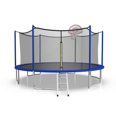 16FT Trampoline with Basketball Hoop, Blue Outdoor Trampolines Recreational Kids Trampoline with Enclosure Net Outdoor for 3-5 Kids, L