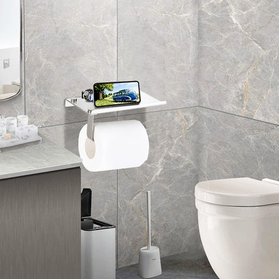 Wall Mounted Toilet Paper Holder with Phone Shelf, Space Aluminum Bathroom Accessories Tissues Roll Holder, Bathroom Paper Towel Storage Rack, Washroom Toilet Paper Holder with Storage Shelf, S5702