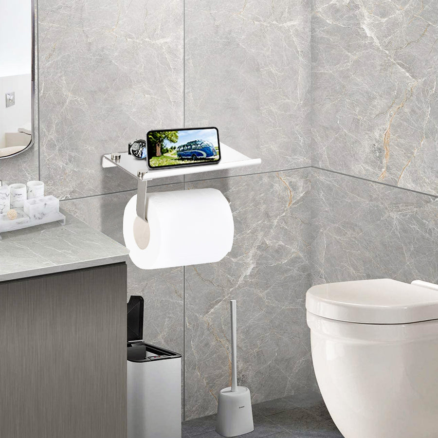 INTBUYING Stainless Steel Wall Mounted Toilet Paper Holder With Storage Shelf & Phone Rack – Brushed Finish, Modern