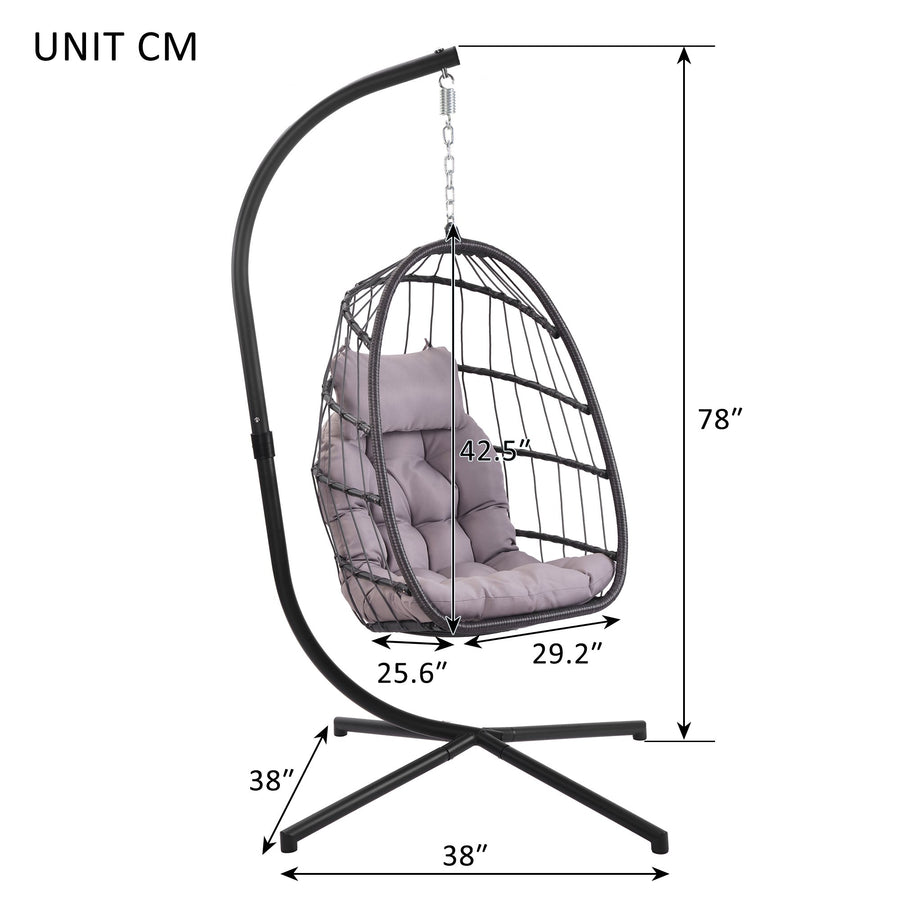 Outdoor Swinging Egg Chair, Patio Wicker Hanging Chairs with Stand, UV Resistant Hammock Chair with Comfortable Gray Cushion, Durable Indoor Swing Egg Chair for Garden, Backyard, 350lbs, L3958