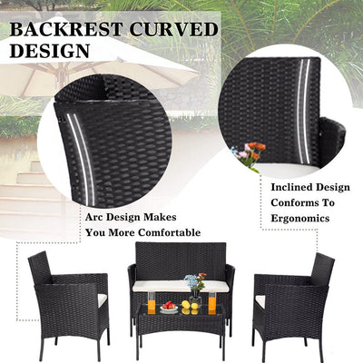 Wicker Patio Sets, 4 Piece Outdoor Conversation Set With Glass Dining Table, Loveseat & 2 Cushioned Chairs, Black Patio Furniture Sets with Coffee Table for Yard, Porch, Garden, Poolside, LL883