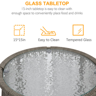 3 PCS Bistro Set, Outdoor Patio Porch Furniture Sectional Chairs with Glass Tabletop Tea Table, PE Rattan Patio Furniture Conversation Set for Lawn Pool Courtyard Garden Balcony