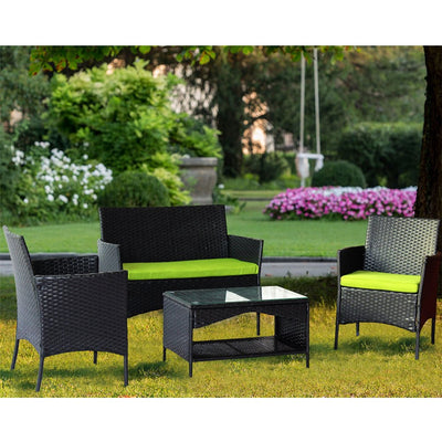 Patio Furniture Set Clearance, 4 Piece Wicker Patio Set with Glass Dining Table, Loveseat & Cushioned Wicker Chairs, Modern Rattan Outdoor Conversation Sets for Backyard, Porch, Garden, L3121