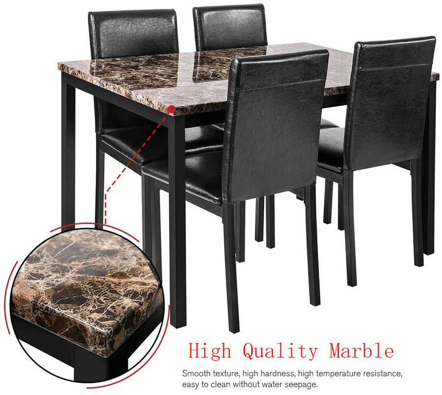 Kitchen Table and 4 Chairs Set, 48" x 30" x 30" Metal Kitchen Table Sets Faux Marble Rectangular Breakfast Table with Metal Legs & Black Finish Frame, Dining Table Sets for an Apartment Breakfast, S12528