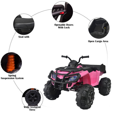 12V Ride on Toys, Kids Ride on Cars with Remote Control, ATV Quad Ride on Toy for Boys Girls, Pink Electric Cars for Kid to Ride, 3 Speeds, LED Lights, AUX Jack, Radio, SL173