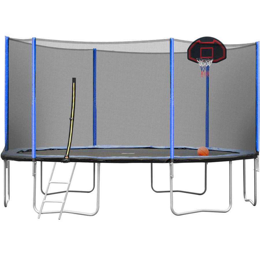 Trampoline with Enclosure on Clearance, New Upgraded 14-Feet Kids Outdoor Trampoline with Basketball Hoop and Ladder, Heavy-Duty Round Trampoline for Indoor or Outdoor Backyard, Blue, Holds 264lbs, L
