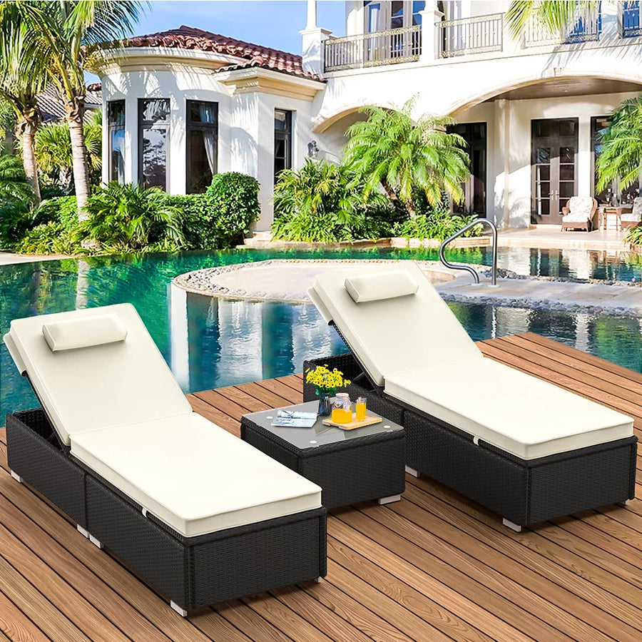 SEGMART Outdoor Wicker Patio Lounge Chair Set of 3, Adjustable PE Rattan Chaise Lounge with Seat Cushion and Tea Table, Outdoor Lounger Recliner for Garden, Balcony, Pool, Patio, Deck, Backyard, TR23
