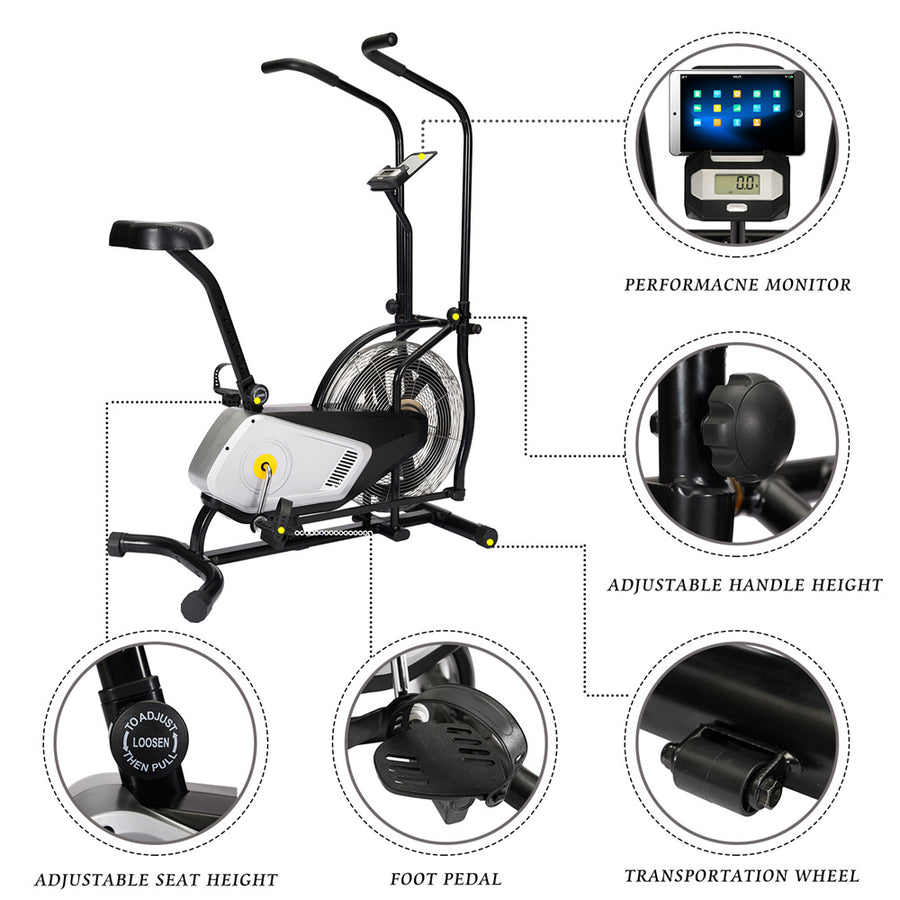 Exercise Bike with Fan, Upright Bike with Air Resistance System, Air Bike with Transport Wheels/Adjustable Seat, Belt Drive Stationary Bike with iPad Holder/Monitor, for Home Cardio Gym Workout, L