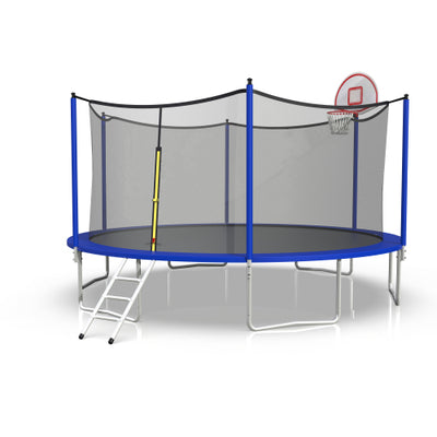 16FT Trampoline with Basketball Hoop, Blue Outdoor Trampolines Recreational Kids Trampoline with Enclosure Net Outdoor for 3-5 Kids, L