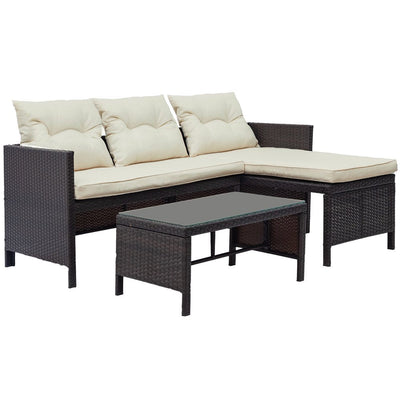 Rattan Wicker Patio Furniture, 3 Piece Patio Furniture Sofa Sets with PE Rattan Loveseat Sofa, Glass Coffee Table, All-Weather Patio Conversation Set with Lounge for Backyard, Porch, Garden, LLL244