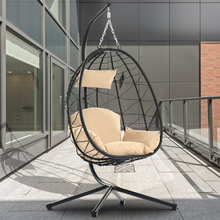 Clearance! Hanging Wicker Egg Chair, Outdoor Patio Hanging Chairs with Stand, UV Resistant Hammock Chair with Comfortable Cushion, Durable Indoor Swing Egg Chair for Garden, Backyard, L3959
