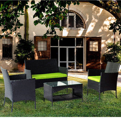 Patio Furniture Set Clearance, 4 Piece Wicker Patio Set with Glass Dining Table, Loveseat & Cushioned Wicker Chairs, Modern Rattan Outdoor Conversation Sets for Backyard, Porch, Garden, L3121