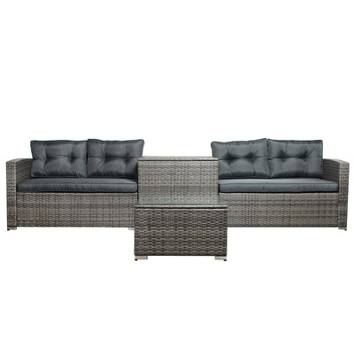 Patio Conversation Set, 4 Piece Outdoor Wicker Furniture Set with Loveseat Sofa, Storage Box, Tempered Glass Coffee Table, All-Weather Patio Sectional Sofa Set with Cushions for Backyard Garden Pool