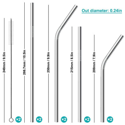 Reusable Straws, Stainless Steel Tumbler Set of 8, 2 Cleaning Brushes