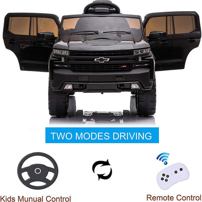 Ride on Toys for Kids, Chevrolet Silverado 12V Ride on Cars with Remote Control, Ride on Truck ATV Car for Boys Girls, Black Electric Cars Christmas Gifts, Spring Suspension, LED Light, L