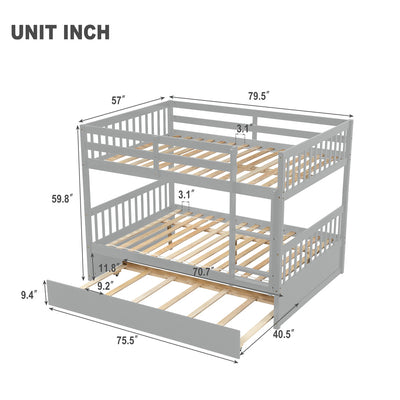 Solid Wood Bunk Beds for Kids, SEGMART Gray Full over Full Bunk Bed with Trundle, Solid Wood Full Bunk Bed with Ladder, Full Size Detachable Bunk Bed Frame for Kids, Boys, Girls, Teens, LLL1488