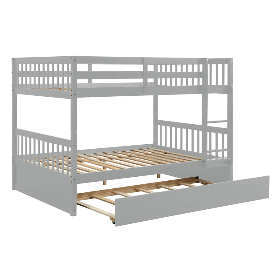 Solid Wood Bunk Beds for Kids, SEGMART Gray Full over Full Bunk Bed with Trundle, Solid Wood Full Bunk Bed with Ladder, Full Size Detachable Bunk Bed Frame for Kids, Boys, Girls, Teens, LLL1488