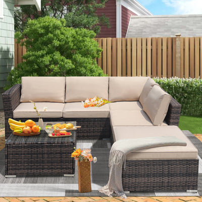 4 Piece Patio Furniture Set, Outdoor Couch Patio Set, Wicker Patio Furniture Sets for Backyard Balcony Porch Deck Pool,with Chaise Lounge/Glass Coffee Table, with Ottomans/Glass Coffee Table