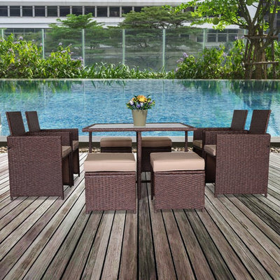 Patio Dining Sets Clearance, 9 Piece Patio Furniture Sets with 4 PE Wicker Chairs, 4 Ottomans, Glass Table, All-Weather Outdoor Patio Dining Conversation Set with Cushions for Backyard, Lawn, Garden