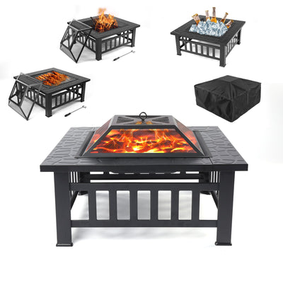 Fire Pit for Outside, Premium Square Steel Fire Pit w/Flame-Retardant Lid, Outdoor Metal Fire Pit with Poker, Multifunctional Heater/Grill/Ice Pit for Backyard Patio Garden BBQ Grill, S7040