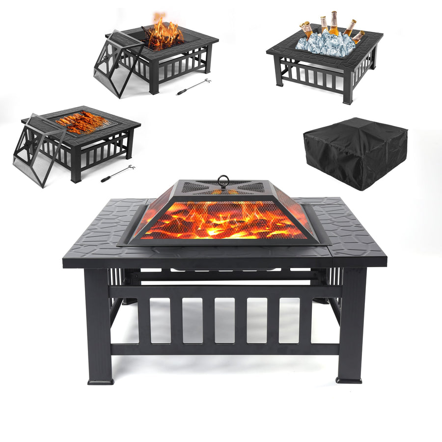 Outdoor 31.3" Fire Pit for Patio, Square Steel Fire Pit with Mesh Screen Lid, Outdoor Metal Fire Pit with Poker, Multifunctional Heater/Grill/Ice Pit for Backyard Patio Garden BBQ Grill, S7045
