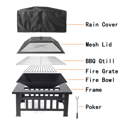 Fire Pit for Outside, Premium Square Steel Fire Pit w/Flame-Retardant Lid, Outdoor Metal Fire Pit with Poker, Multifunctional Heater/Grill/Ice Pit for Backyard Patio Garden BBQ Grill, S7040