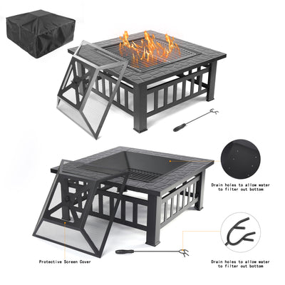 Fire Pit for Outside, Premium Hex-Shaped Steel Fire Pit w/Flame-Retardant Lid, Outdoor Metal Fire Pit with Poker, Multifunctional Heater/Grill/Ice Pit for Backyard Patio Garden BBQ Grill, S7039