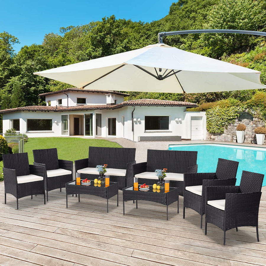 Clearance!Outdoor Patio Furniture Set, 8 Piece Patio Conversation Set with 2 Glass Dining Tables, 2 Loveseats & 4 Wicker Chairs, Modern Outdoor Rattan Wicker Patio Set for Yard, Porch, Pool, L3135