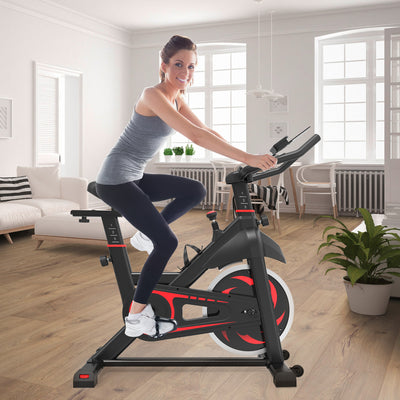 Stationary Indoor Cycling Bike, Professional Trainer Exercise Bicycle w/Transport Wheels, LED Display, Cup Holder, Soft Saddle, Adjustable Handlebar and Seat Exercise Equipment, 330 lbs, S5873