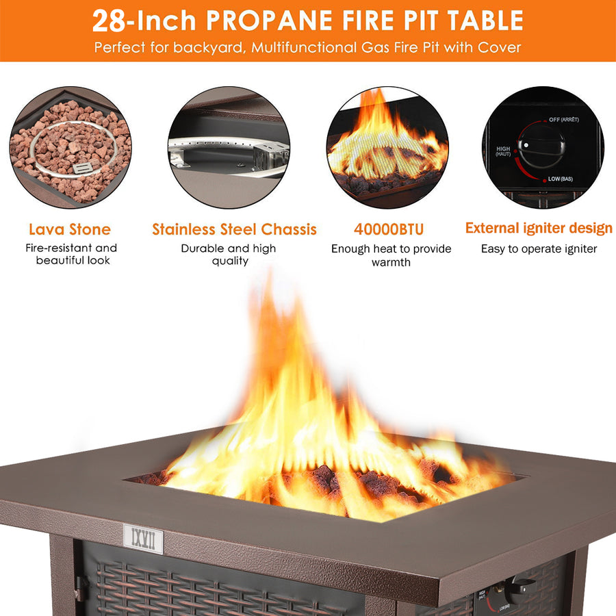 SEGMART 28'' Propane Gas Fire Pit Table, 40000 BTU Auto-Ignition Fire Pit Table with Removable Lid & Lava Rock, Control Knob, Bronze, S9678