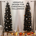 7.5Ft Halloween Christmas Tree, Artificial Christmas Tree with 840 Tips, Collapsible Pencil Halloween Christmas Trees w/Solid Metal Legs, Halloween Decorations for Indoor Outdoor, Black, SS1502