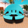4 Piece Patio Daybed Set, Outdoor Round Daybed with Retractable Canopy, 2 Separates Cushioned Seats & 1 Round Center Table, PE Rattan Conversation Sofa Set for Porch Pool Garden Deck, K2533