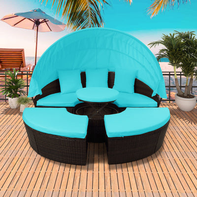 Patio Sectional Round Daybed, Outdoor Wicker Furniture Set with Retractable Canopy, Sectional Sofa Set w/Height Adjustable Table & Cushions for Patio Deck Poolside Garden Backyard, K2522