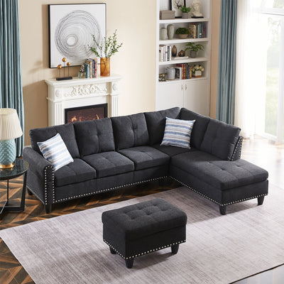 SEGMART Black Mid-Century Sectional Sofa with Chaise Lounge and Storage Ottoman for Living Room, 97.5'' Wide Upholstered Linen Fabric Sectional Sofas with Solid Wood Frame and Cupholder, S5407