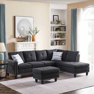 SEGMART Black Mid-Century Sectional Sofa with Chaise Lounge and Storage Ottoman for Living Room, 97.5'' Wide Upholstered Linen Fabric Sectional Sofas with Solid Wood Frame and Cupholder, S5407