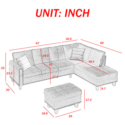 SEGMART Black Mid-Century Sectional Sofa with Chaise Lounge and Storage Ottoman for Living Room, 97.5'' Wide Upholstered Linen Fabric Sectional Sofas with Solid Wood Frame and Cupholder, S5407